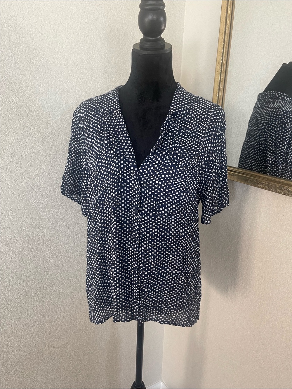 Anthropologie Navy and White Polka Dot V-Neck Blouse